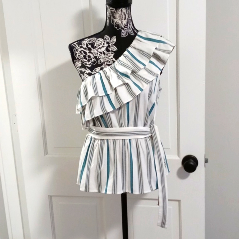 🆕️ 🌿Ann Taylor🌿 - Cream/Teal Striped One Shoulder Ruffle Top w/Sash